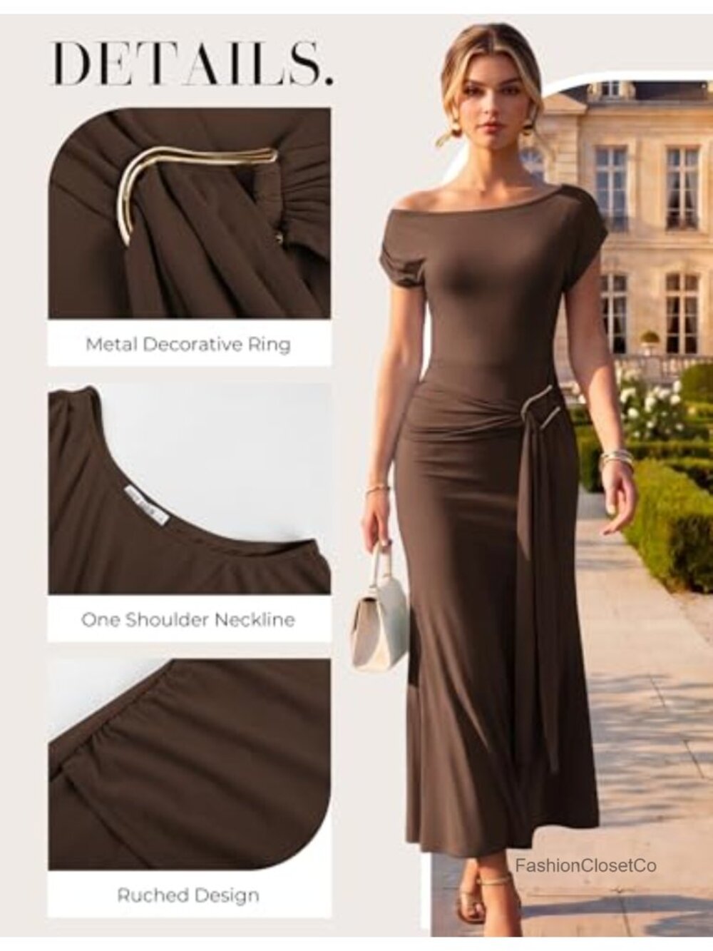 Womens One Shoulder Bodycon Maxi Dress Sleeveless Ruched Formal - Picture 3 of 6